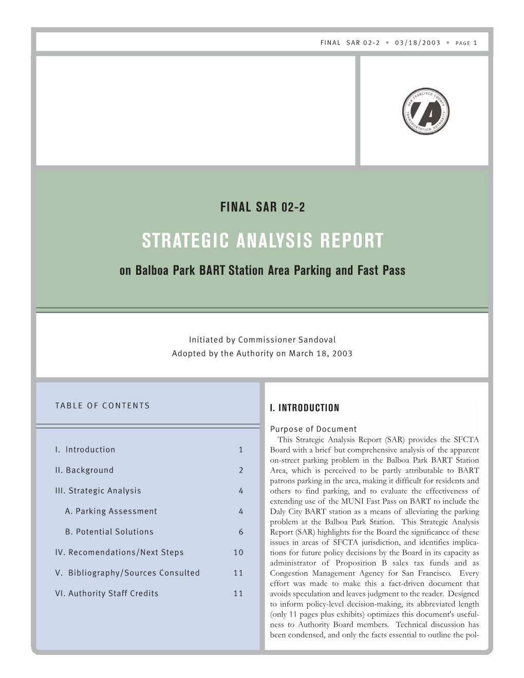 STRATEGIC ANALYSIS REPORT on Balboa Park BART Station Area Parking and Fast Pass