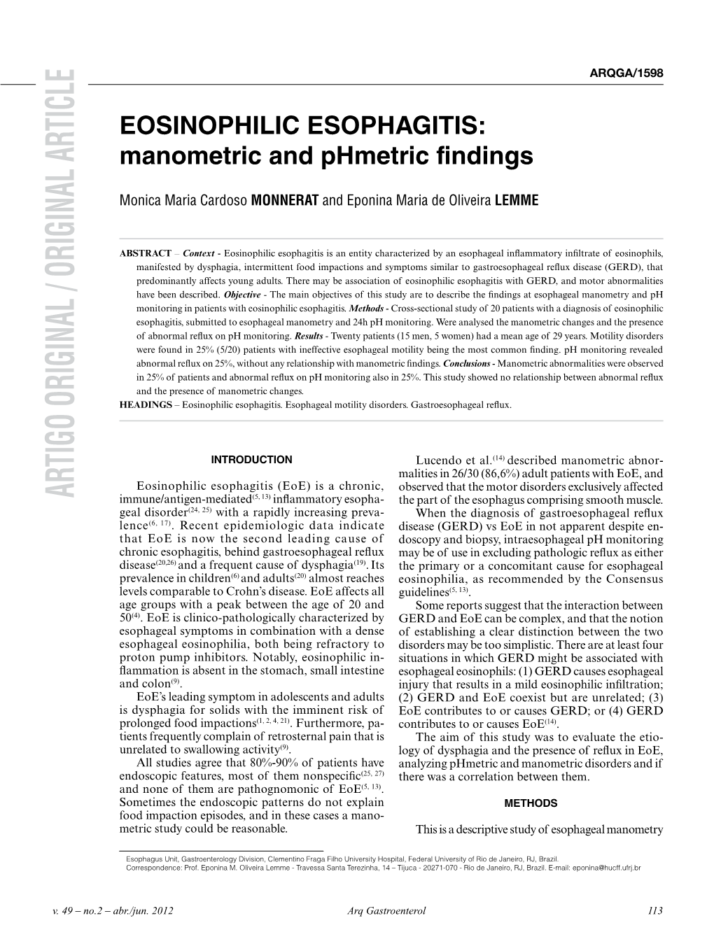 EOSINOPHILIC ESOPHAGITIS: Manometric and Phmetric Findings