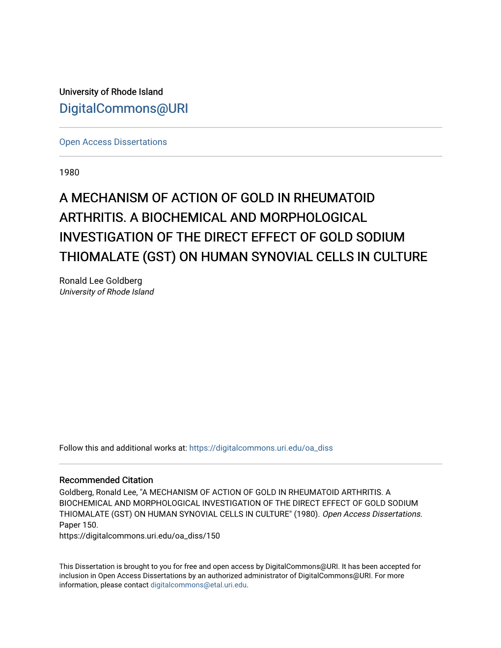A Mechanism of Action of Gold in Rheumatoid Arthritis. A