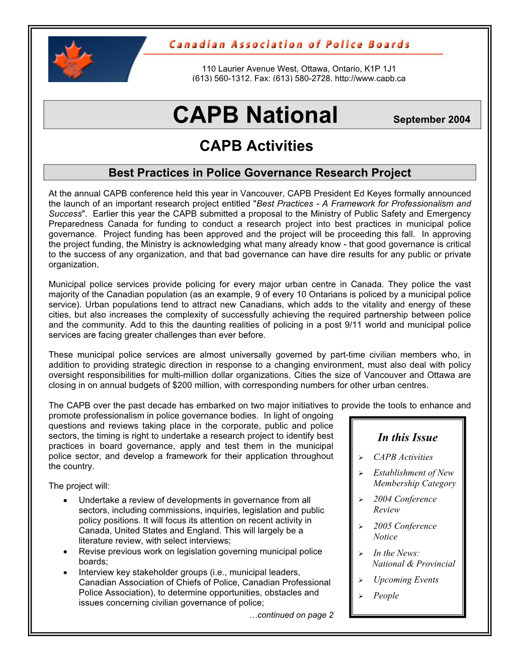 CAPB National September 2004 CAPB Activities