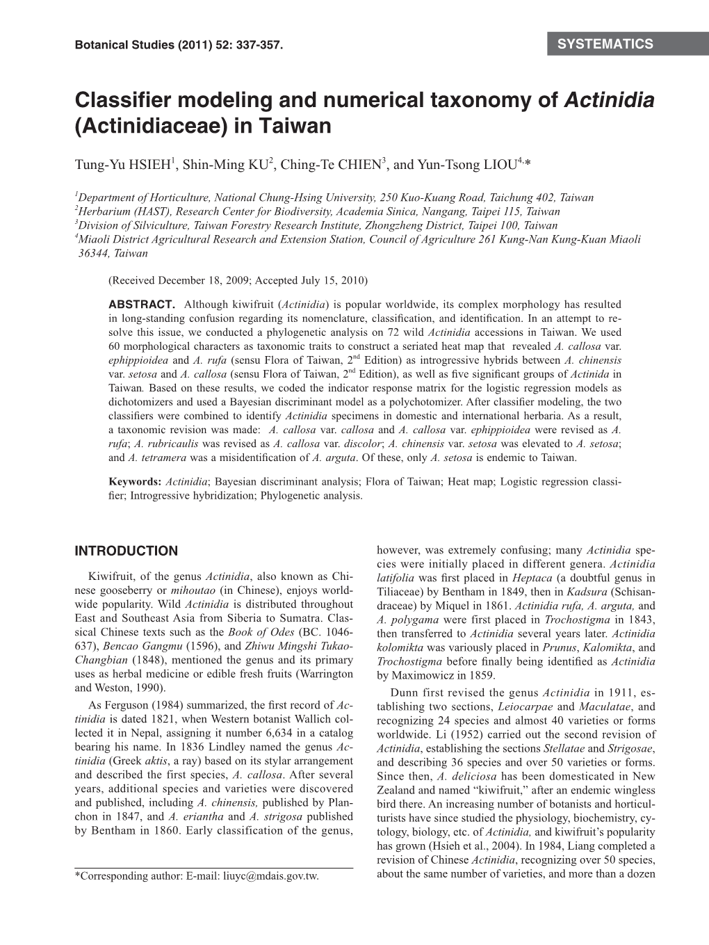 Classifier Modeling and Numerical Taxonomy of Actinidia in Taiwan 339