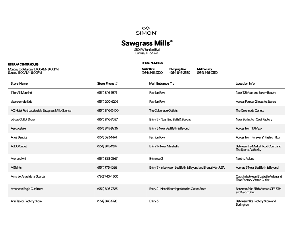 Complete List of Stores Located at Sawgrass Mills