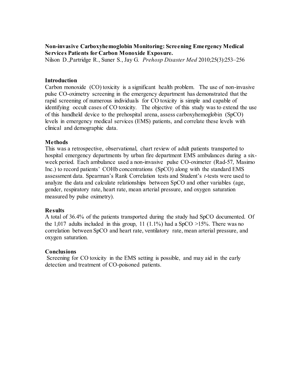 Non-Invasive Carboxyhemoglobin Monitoring: Screening Emergency Medical Services Patients for Carbon Monoxide Exposure