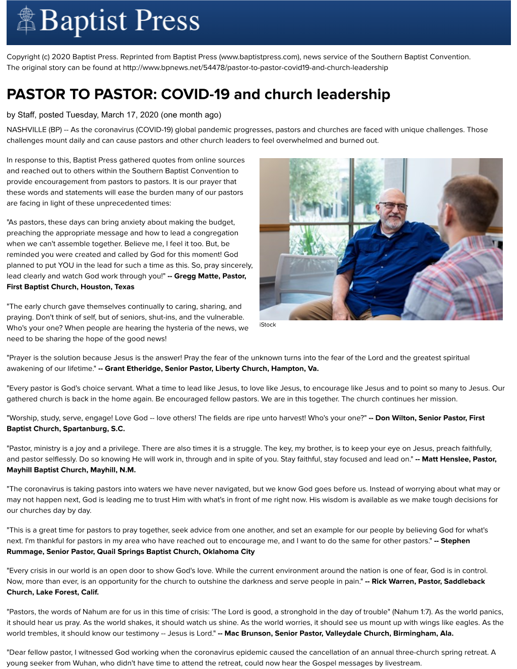 PASTOR to PASTOR: COVID-19 and Church Leadership