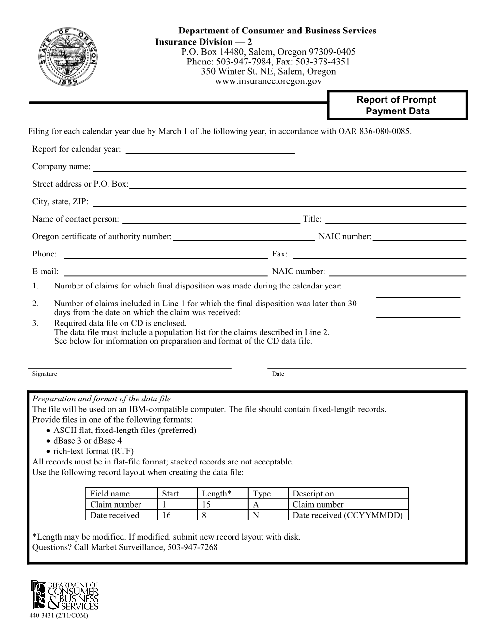 Report of Prompt Payment Data, Form #440-3431 (Rev. 02/11)