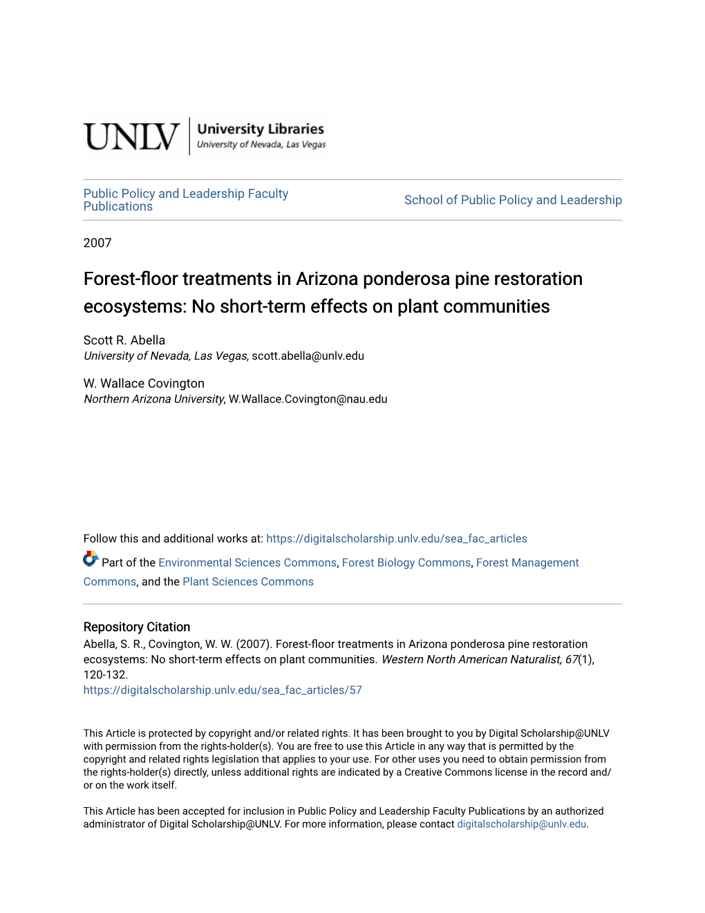 Forest-Floor Treatments in Arizona Ponderosa Pine Restoration Ecosystems: No Short-Term Effects on Plant Communities