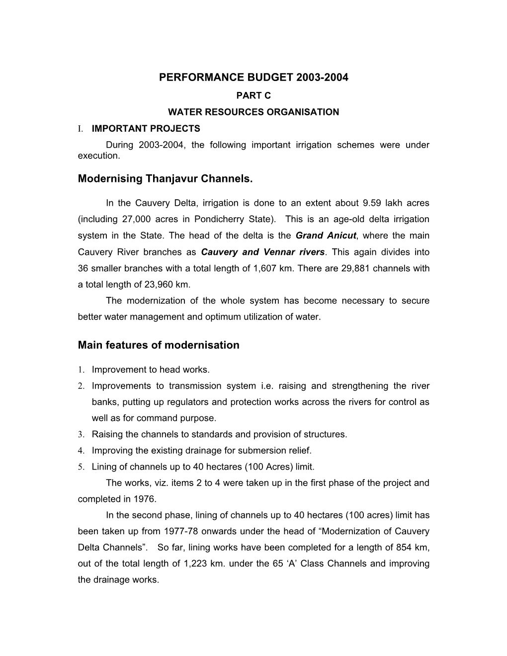 PERFORMANCE BUDGET 2003-2004 Modernising Thanjavur