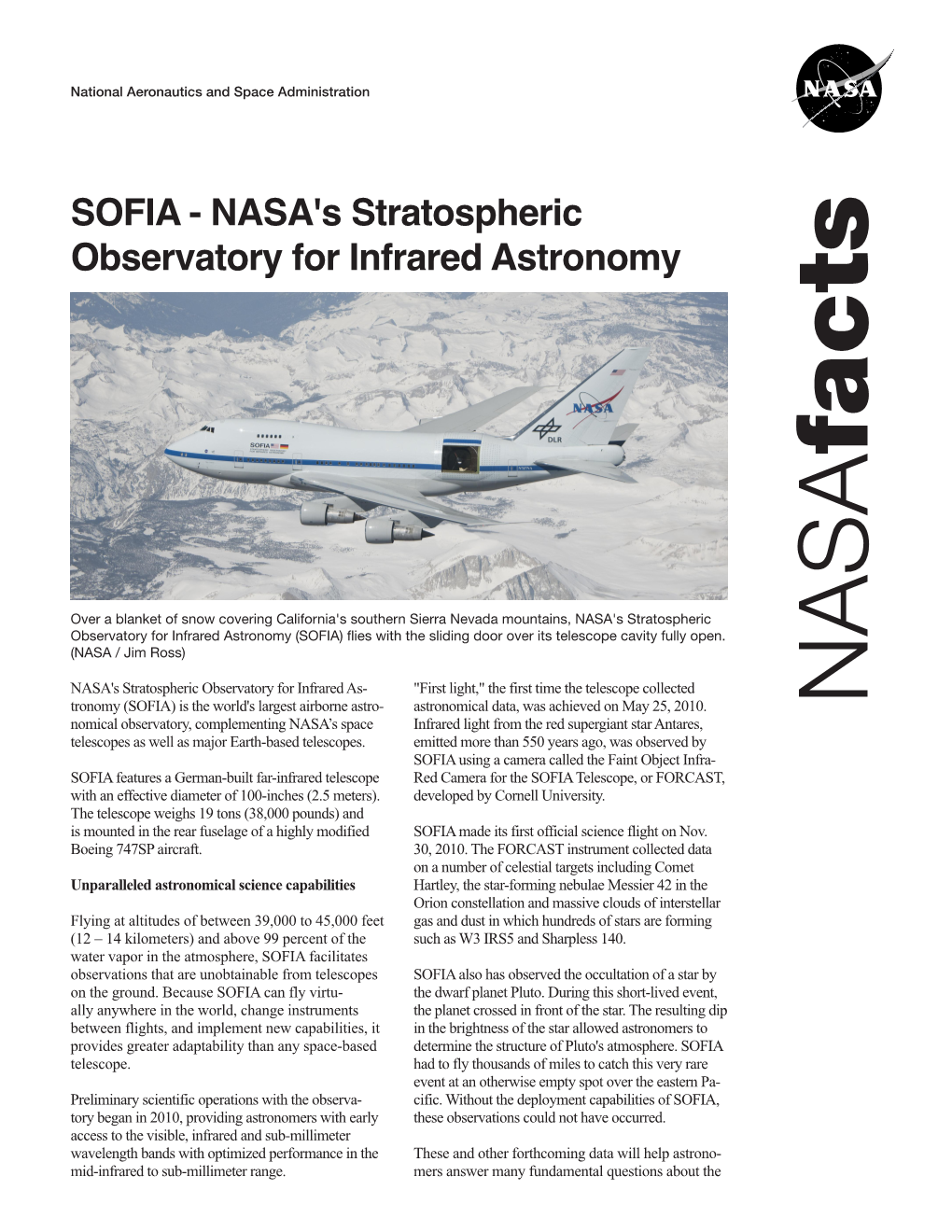 SOFIA - NASA's Stratospheric Observatory for Infrared Astronomy