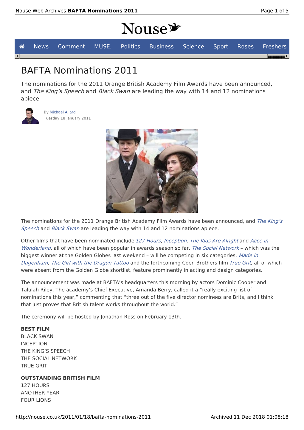 BAFTA Nominations 2011 | Nouse