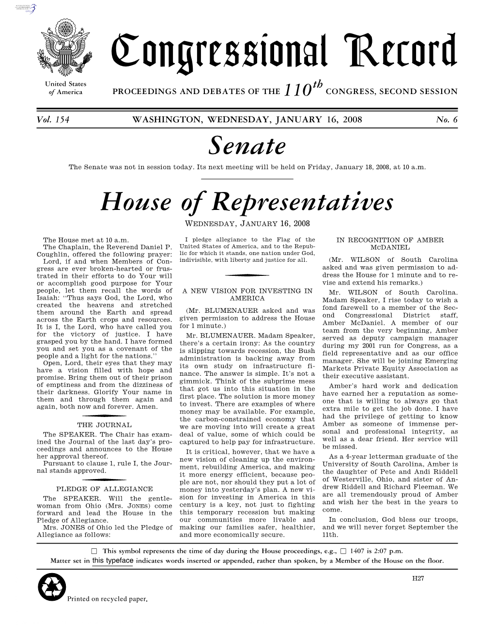 Congressional Record United States Th of America PROCEEDINGS and DEBATES of the 110 CONGRESS, SECOND SESSION