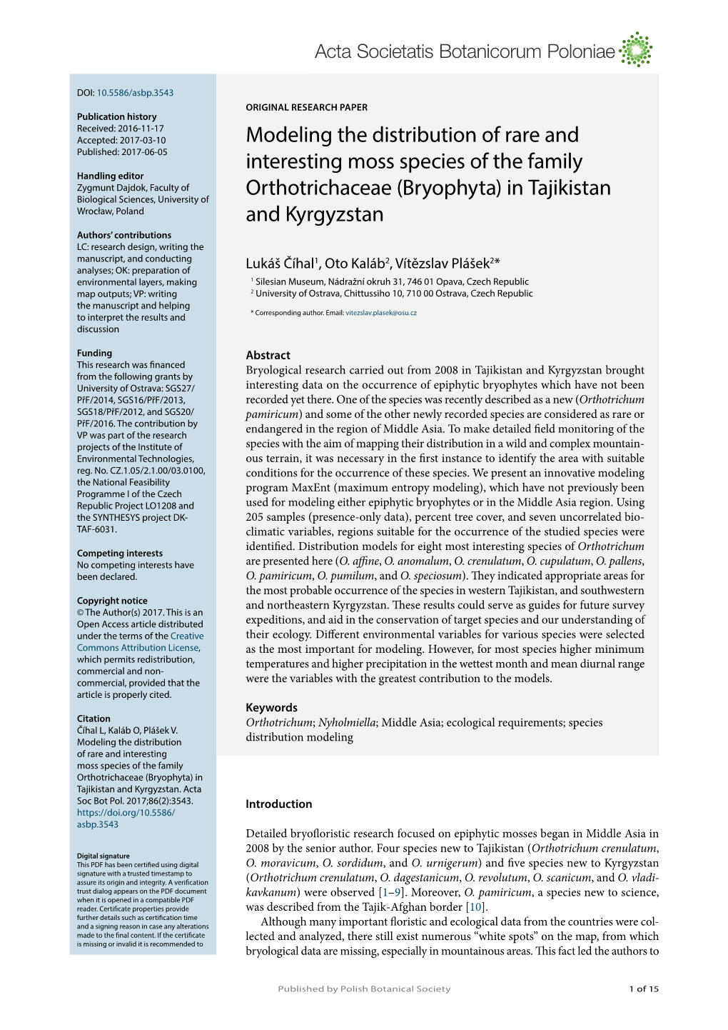 Modeling the Distribution of Rare and Interesting Moss Species of the Family Orthotrichaceae (Bryophyta) in Tajikistan and Kyrgyzstan