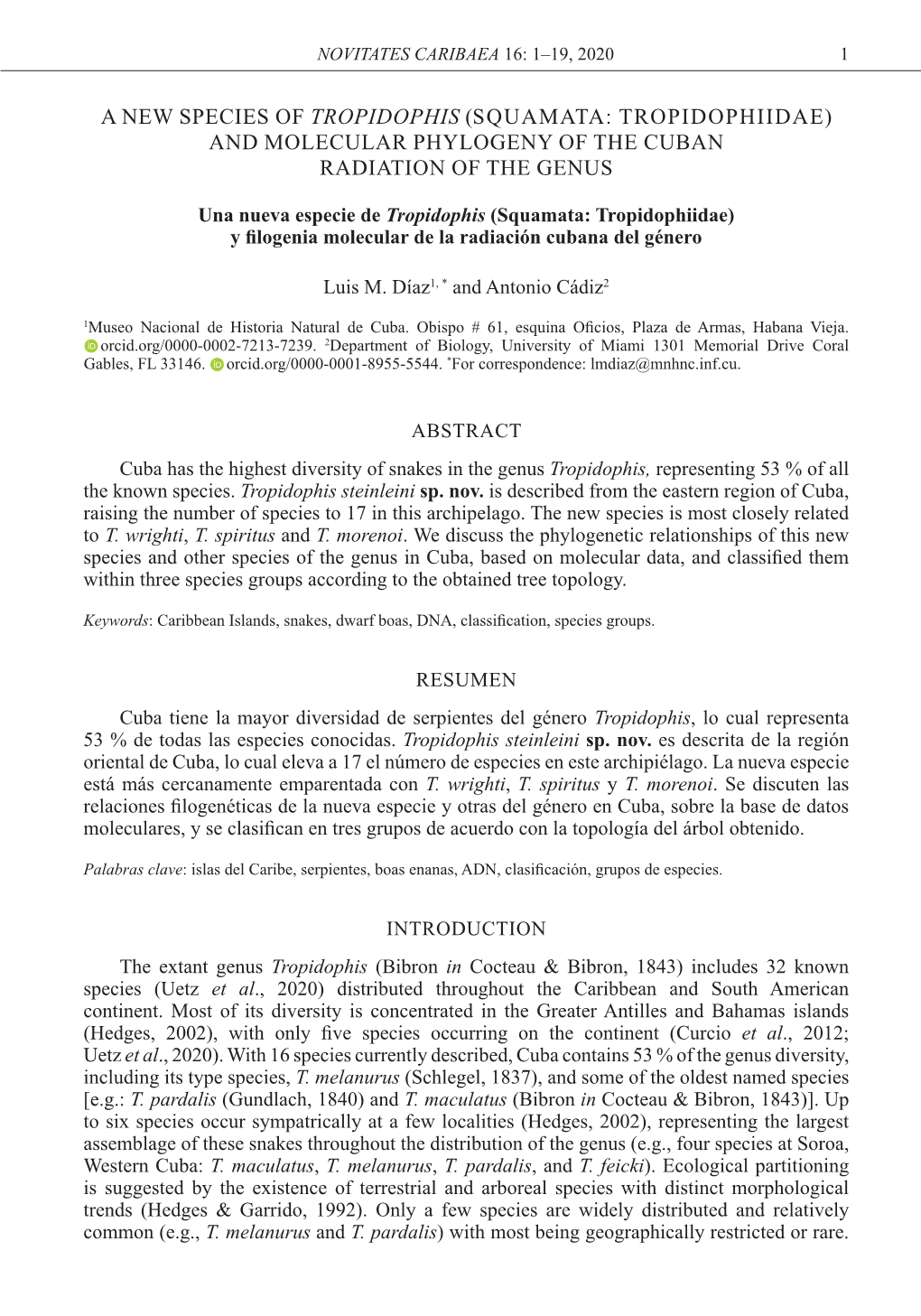 A New Species of Tropidophis (Squamata: Tropidophiidae) and Molecular Phylogeny of the Cuban Radiation of the Genus