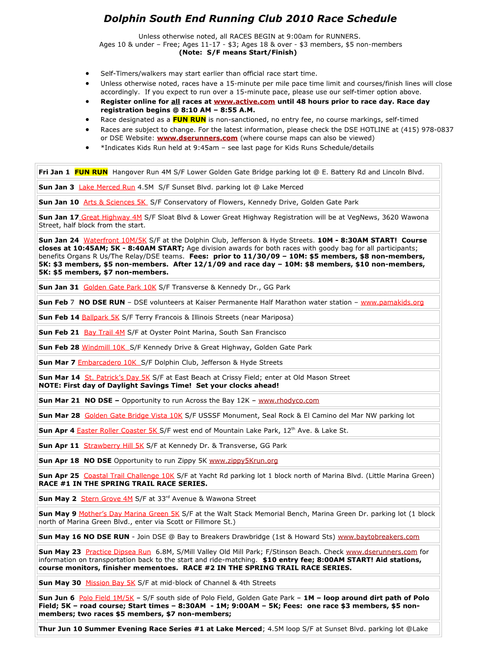 Dolphin South End Running Club 2004 Race Schedule s1