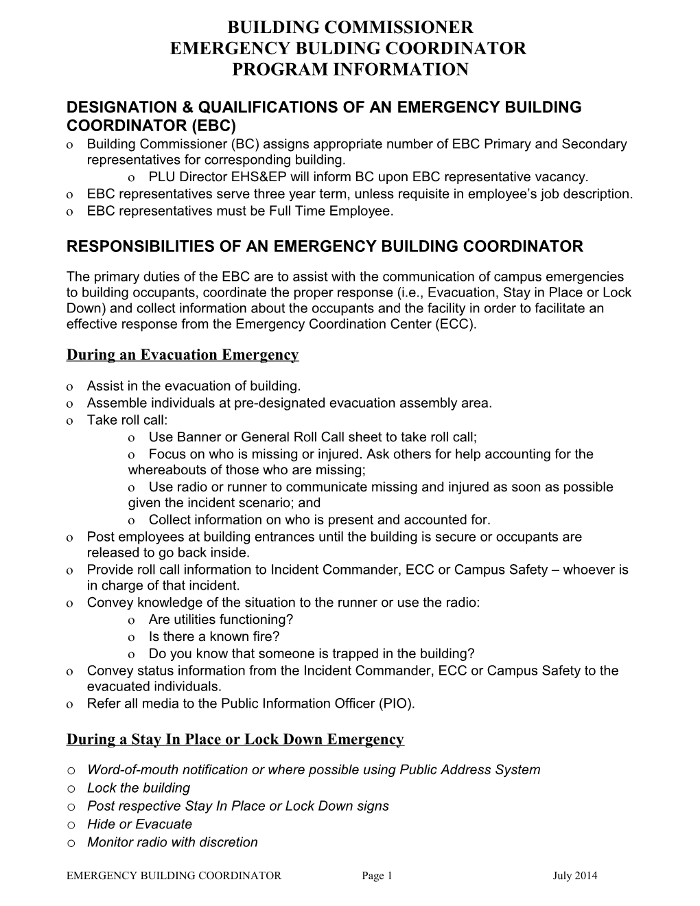 Duties of an Emergency Building Coordinator