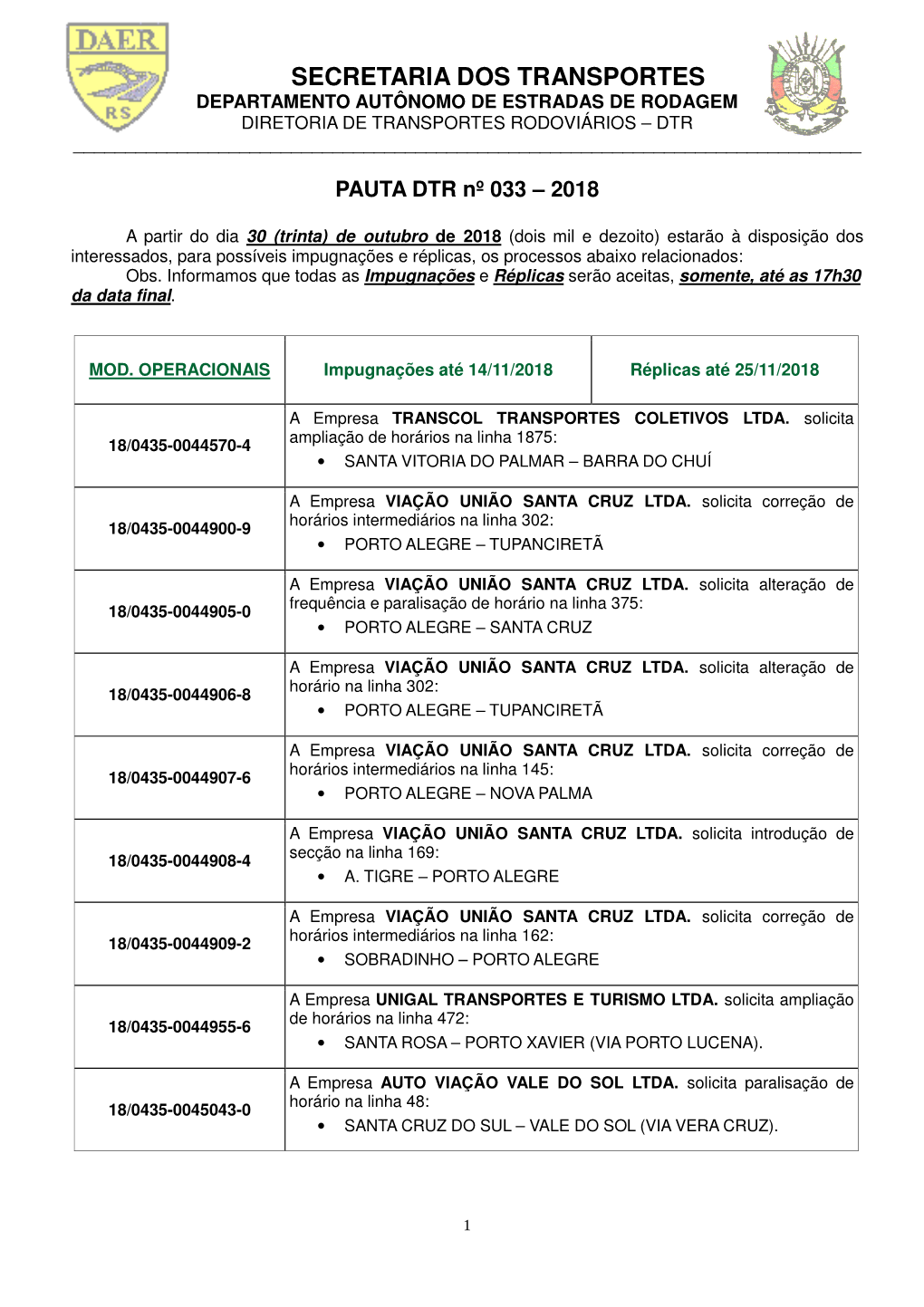 Secretaria Dos Transportes Departamento Autônomo De Estradas De Rodagem Diretoria De Transportes Rodoviários – Dtr ______