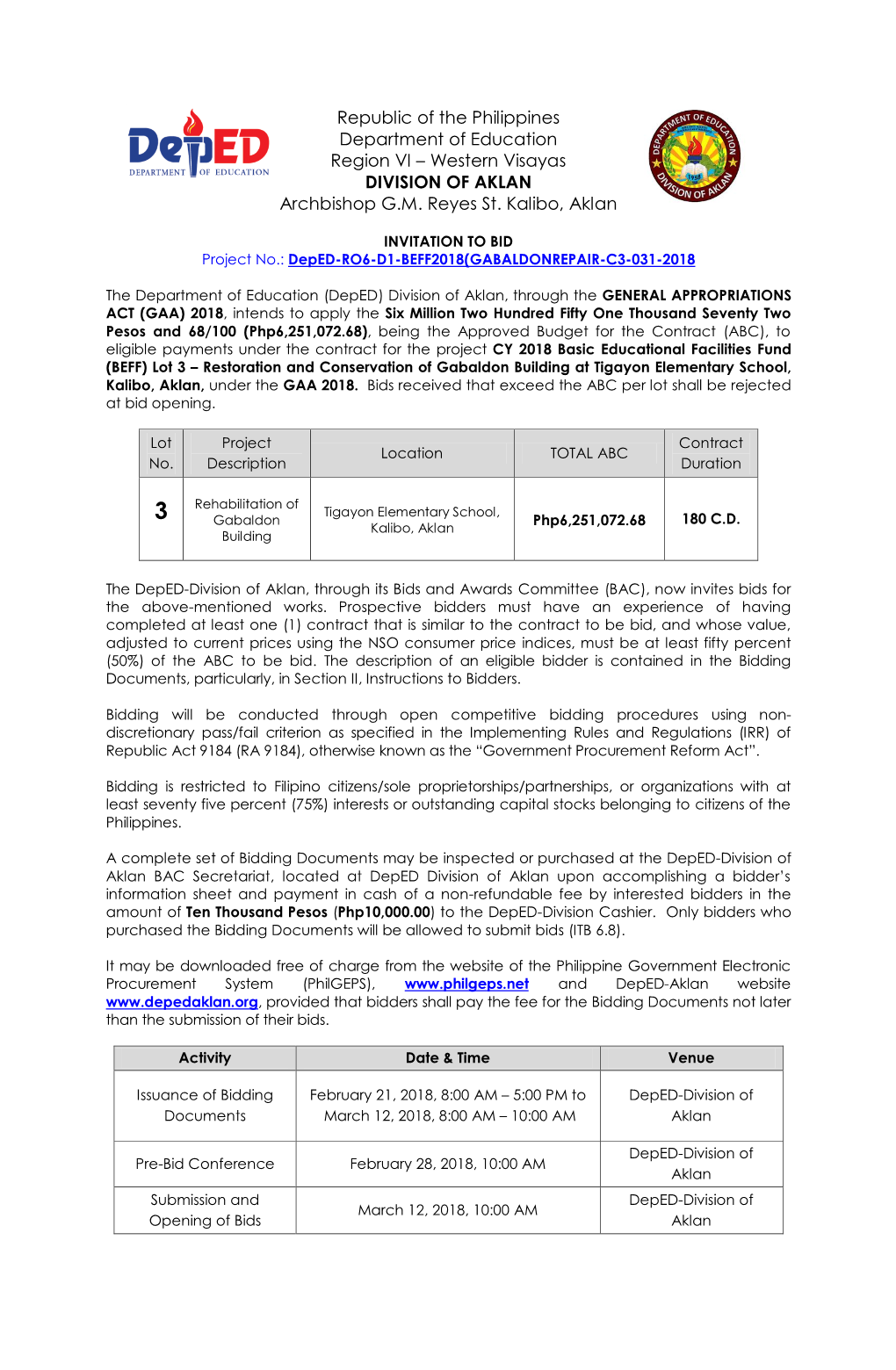 Republic of the Philippines Department of Education Region VI – Western Visayas DIVISION of AKLAN Archbishop G.M