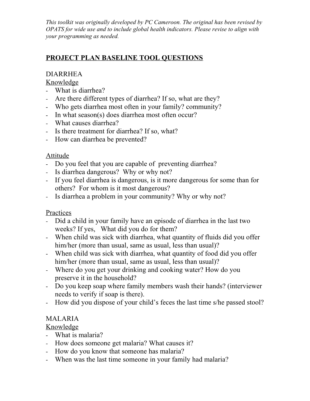 Project Plan Baseline Tool Questions