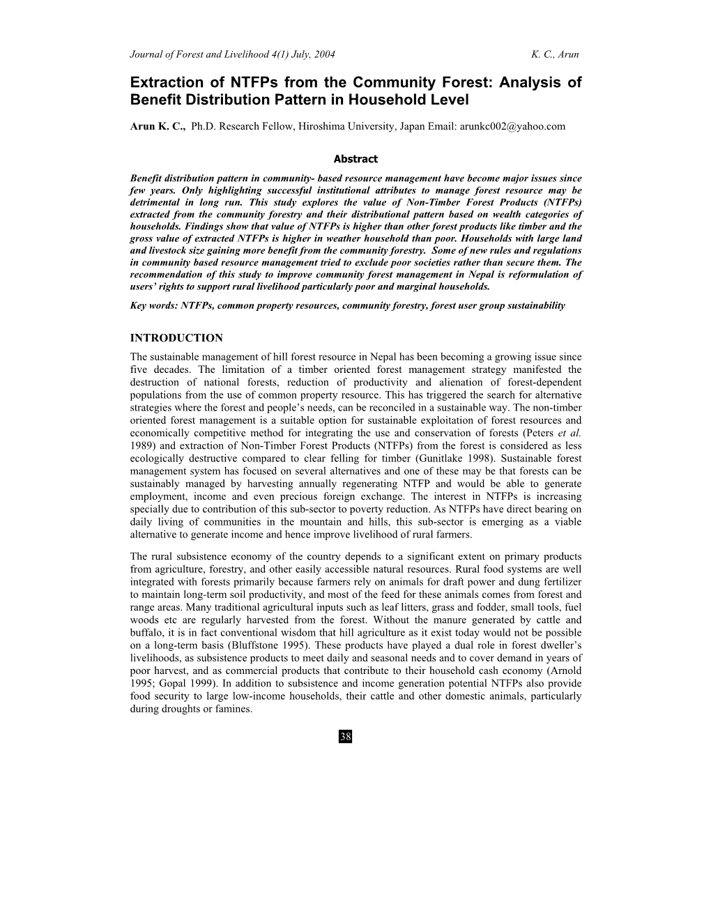 Extraction of Ntfps from the Community Forest: Analysis of Benefit Distribution Pattern in Household Level