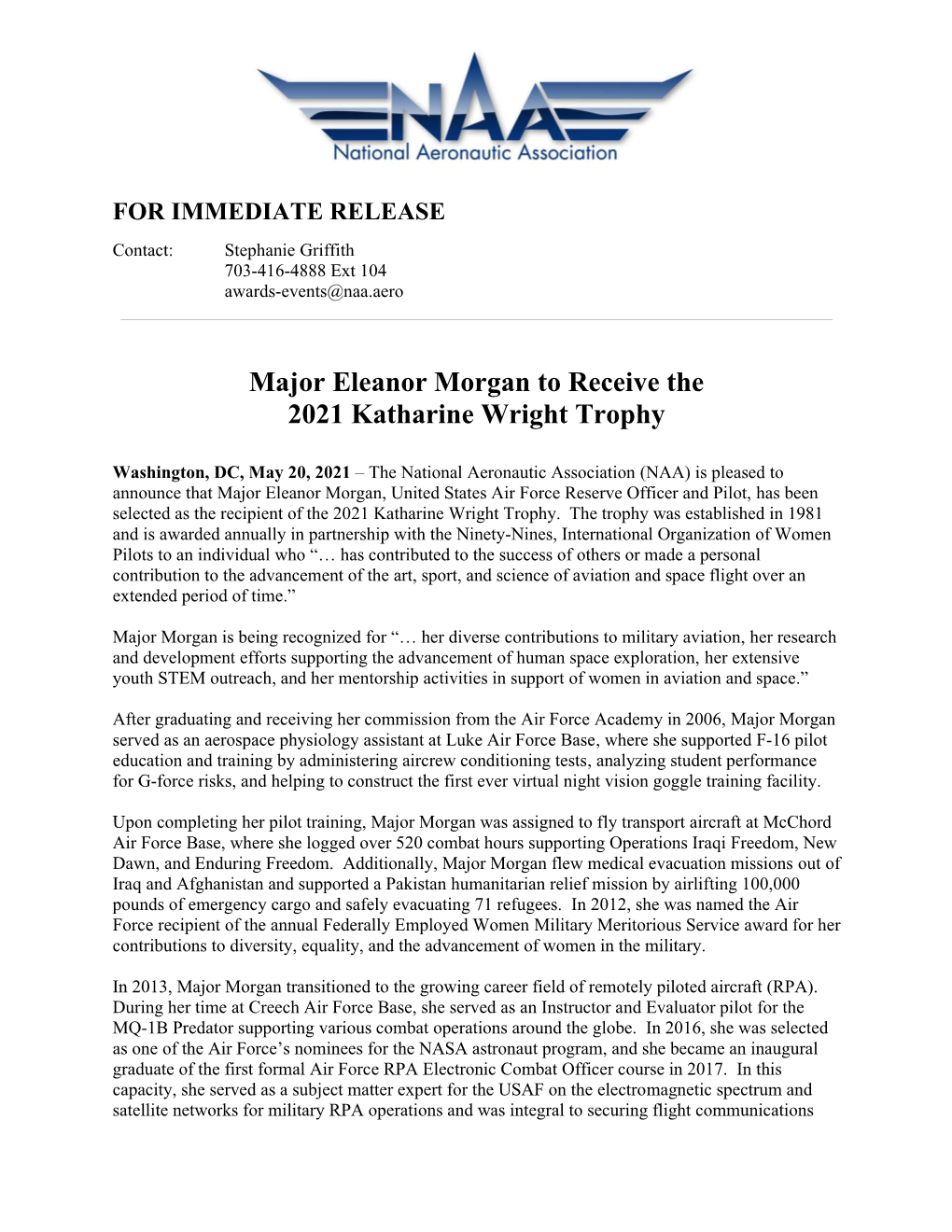 Major Eleanor Morgan to Receive the 2021 Katharine Wright Trophy