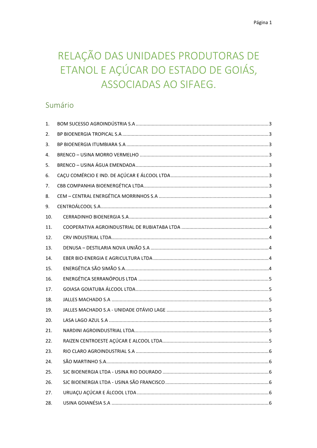 Relação Das Unidades Produtoras De Álcool E Açúcar Do Estado De Goiás, Associadas Ao Sifaeg