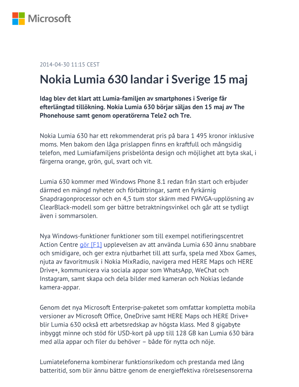 Nokia Lumia 630 Landar I Sverige 15 Maj