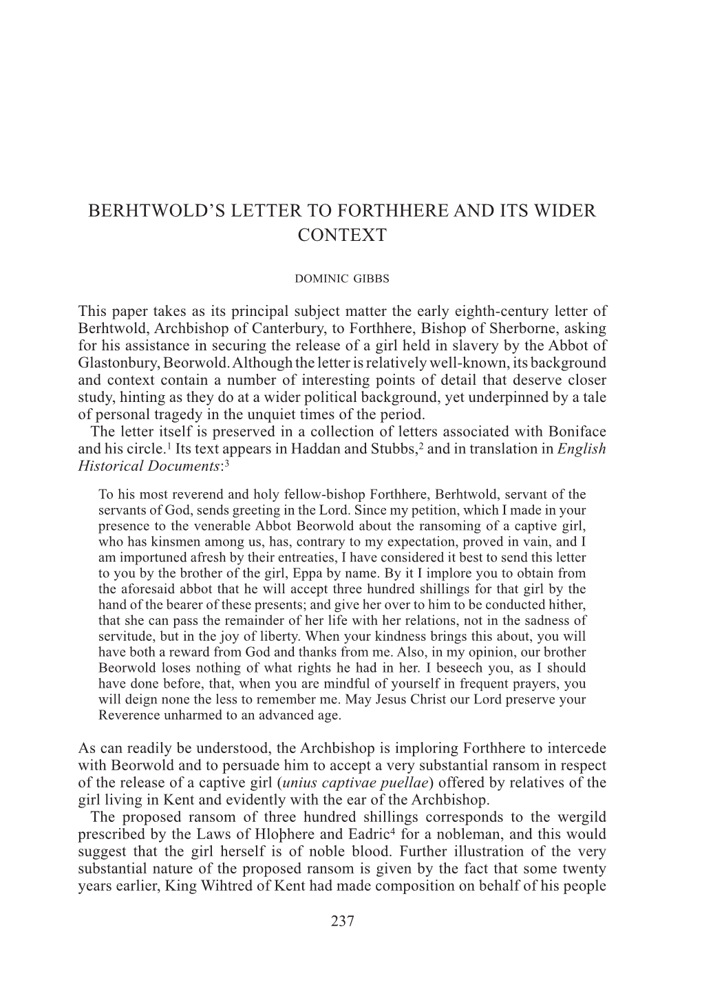 Berhtwold's Letter to Forthhere and Its Wider Context