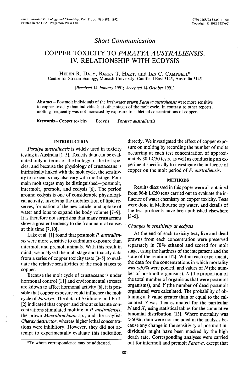 Short Communication COPPER TOXICITY to PARATYA AUSTRALIENSIS