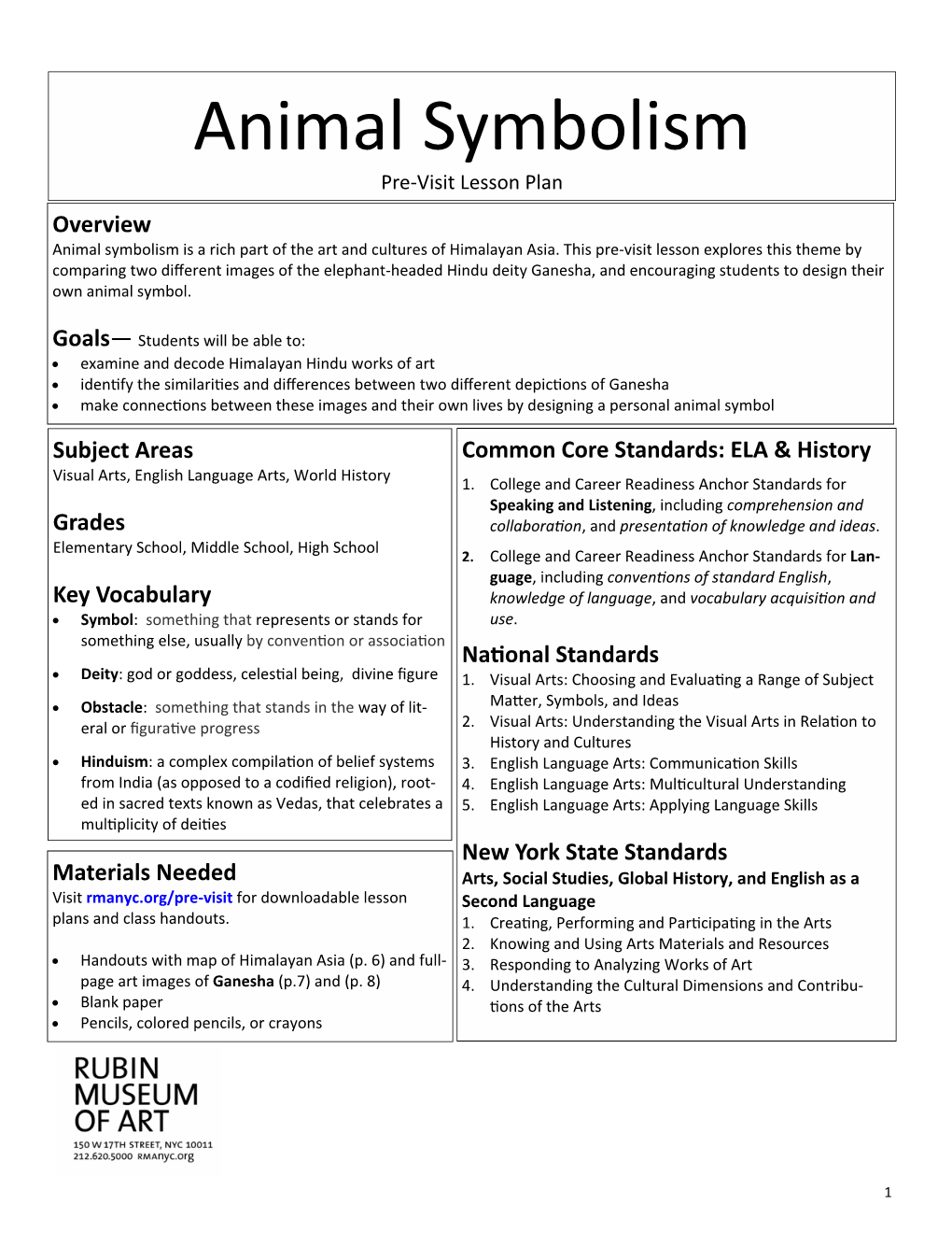 Pre-Visit Lesson Plan and Handouts