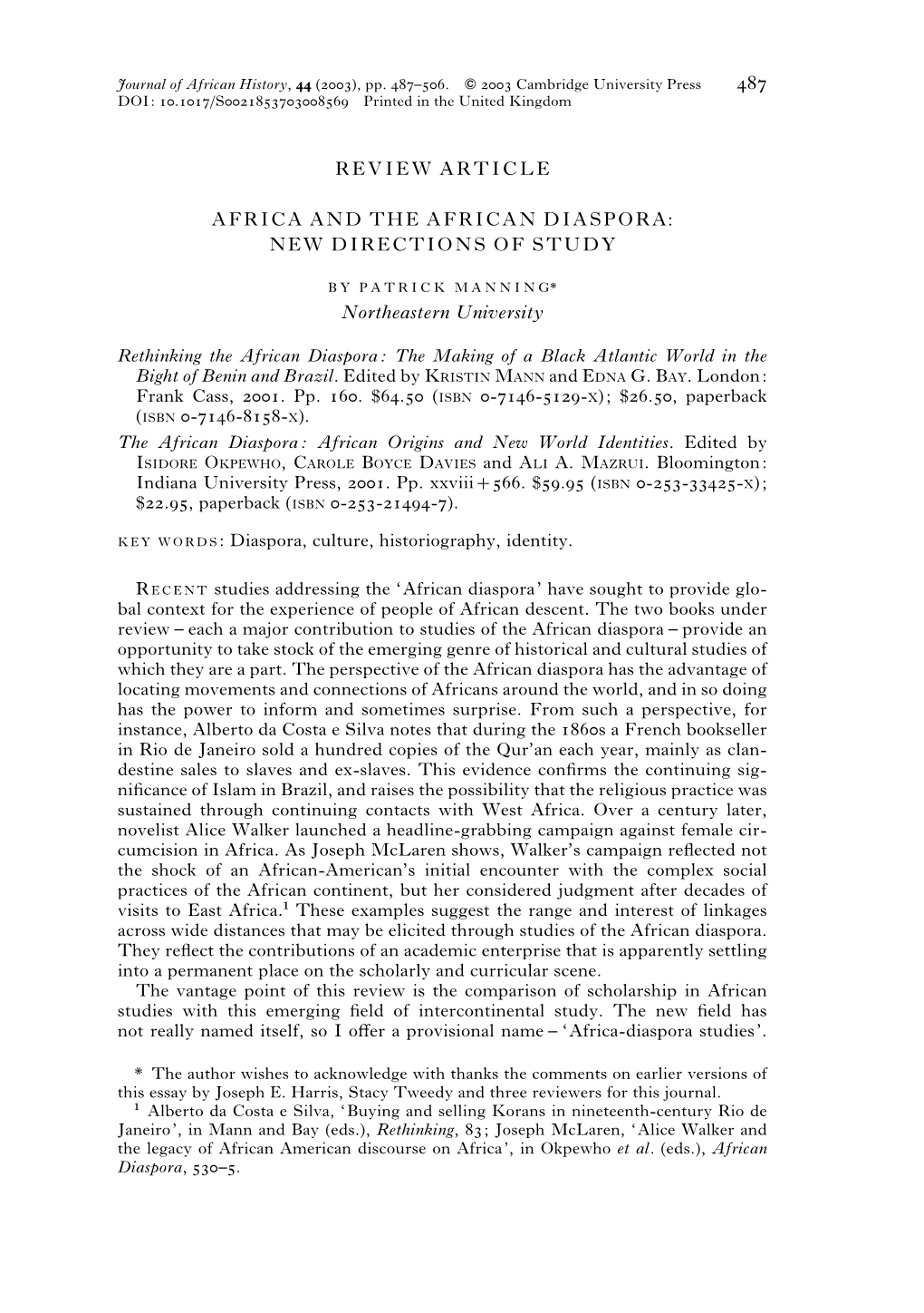 Africa and the African Diaspora: New Directions of Study