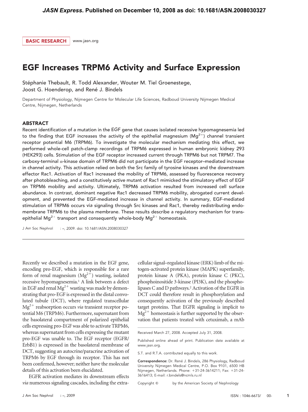 EGF Increases TRPM6 Activity and Surface Expression