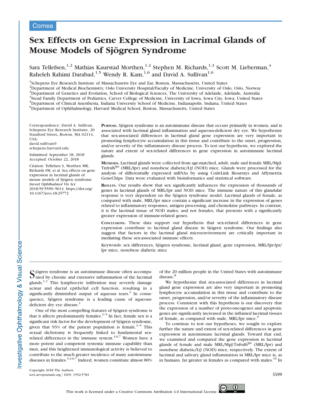 Sex Effects on Gene Expression in Lacrimal Glands of Mouse Models of Sjogren¨ Syndrome