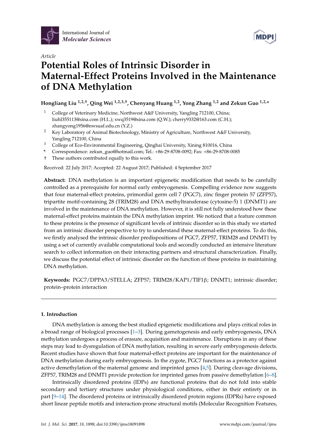 Potential Roles of Intrinsic Disorder in Maternal-Effect Proteins Involved in the Maintenance of DNA Methylation