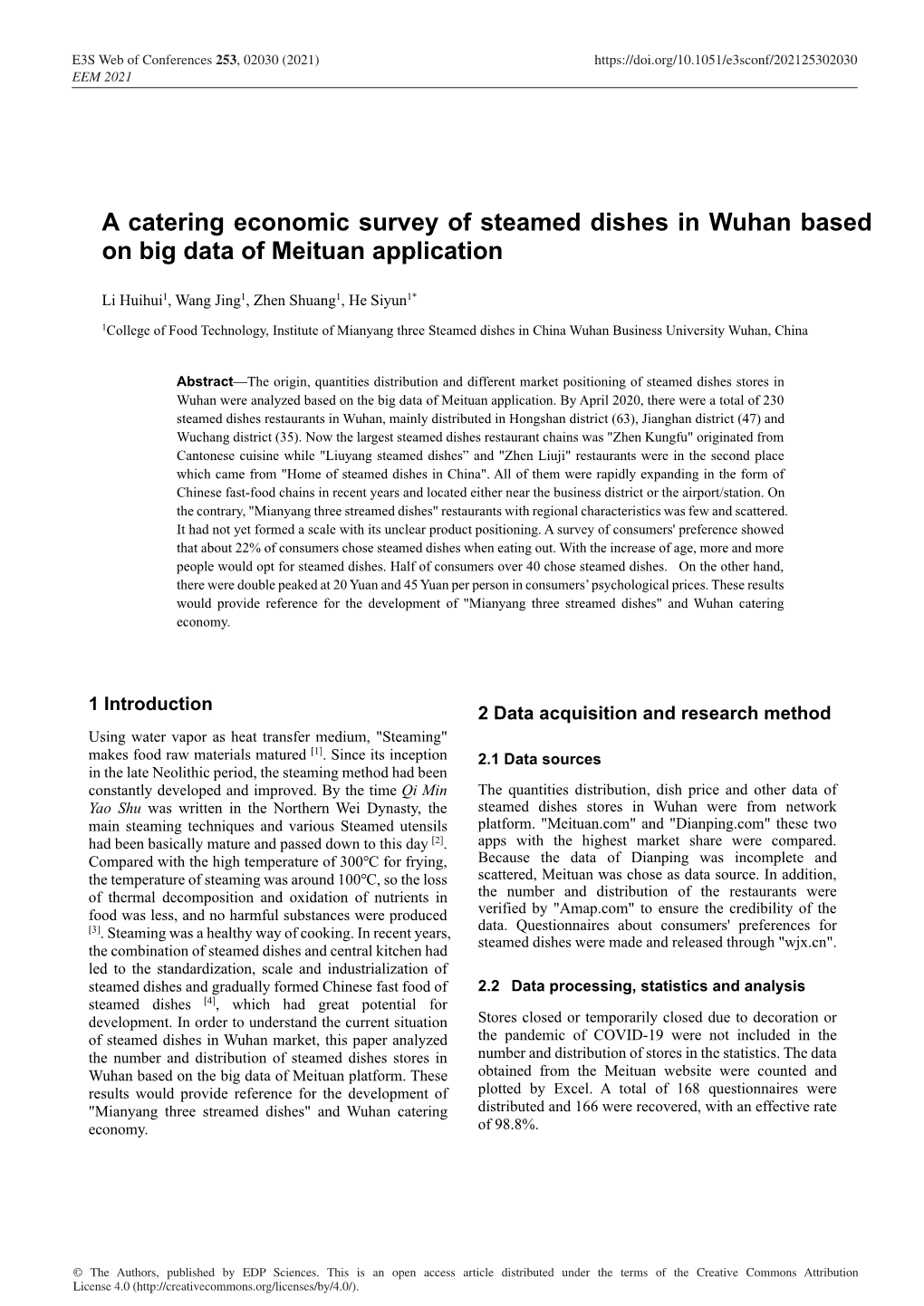 A Catering Economic Survey of Steamed Dishes in Wuhan Based on Big Data of Meituan Application
