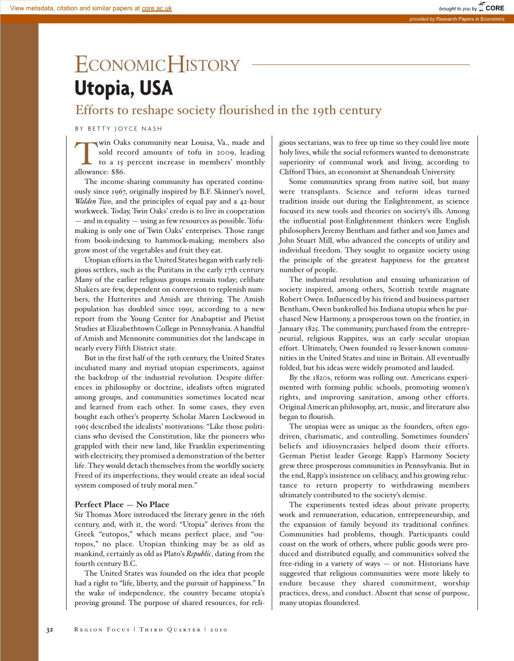 Utopia, USA: Efforts to Reshape Society Flourished in the 19Th Century