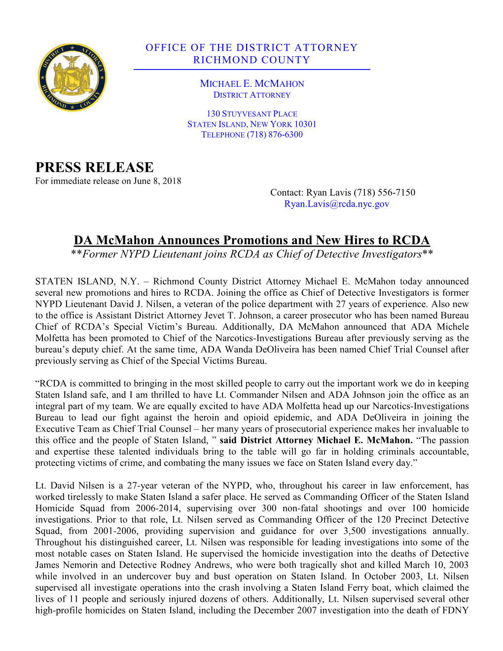 DA Mcmahon Announces Promotions and New Hires to RCDA **Former NYPD Lieutenant Joins RCDA As Chief of Detective Investigators**