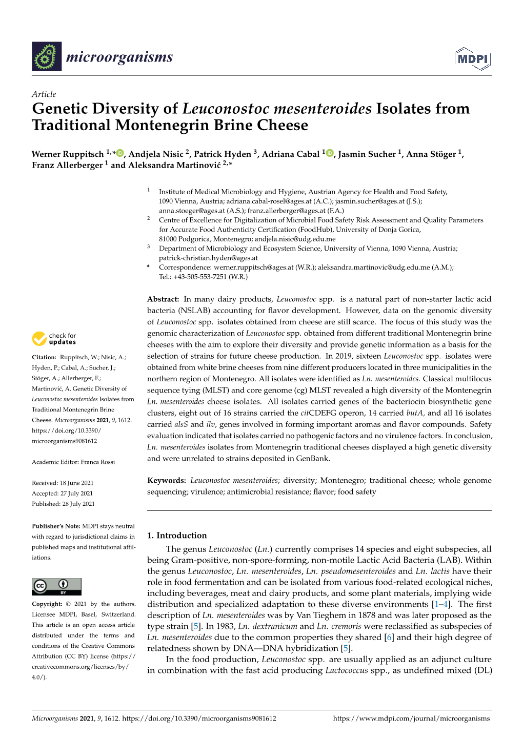 Genetic Diversity of Leuconostoc Mesenteroides Isolates from Traditional Montenegrin Brine Cheese