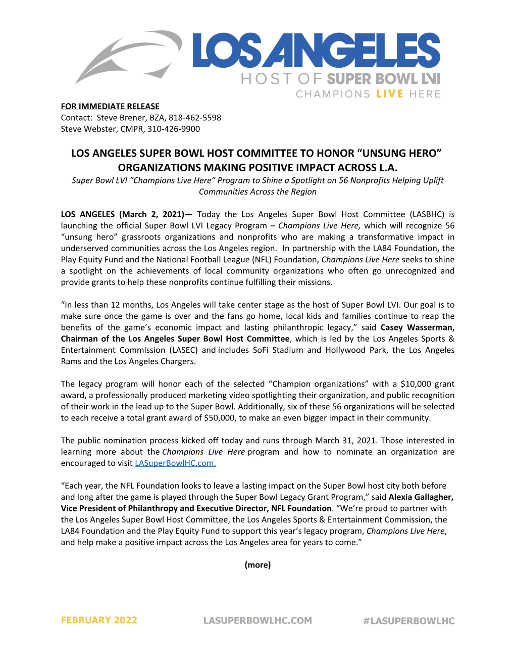 Los Angeles Super Bowl Host Committee to Honor “Unsung Hero” Organizations Making Positive Impact Across L.A