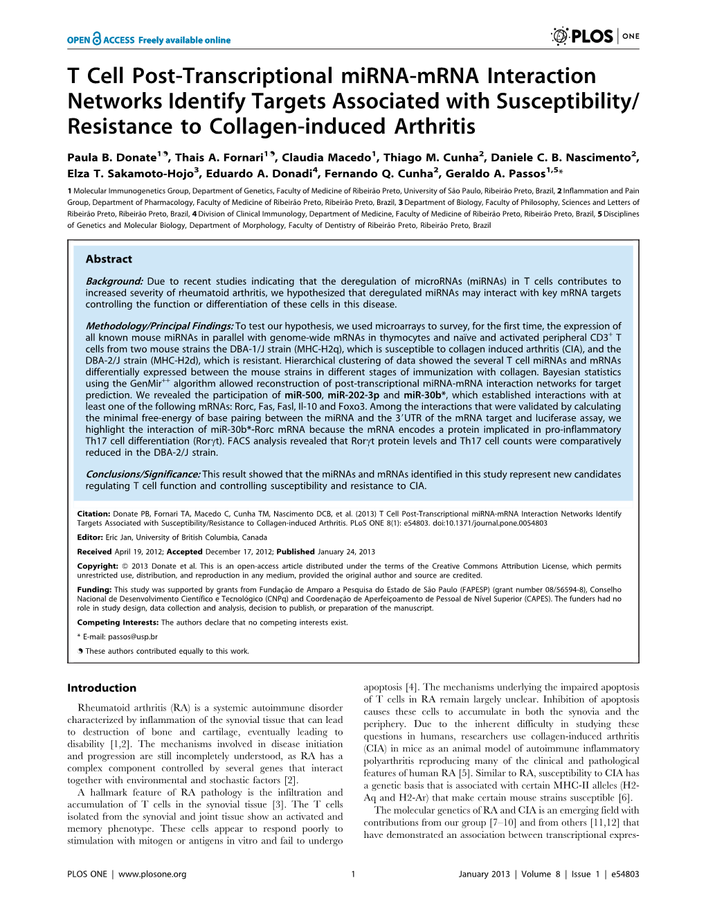 T Cell Post-Transcriptional Mirna-Mrna Interaction Networks Identify Targets Associated with Susceptibility/ Resistance to Collagen-Induced Arthritis