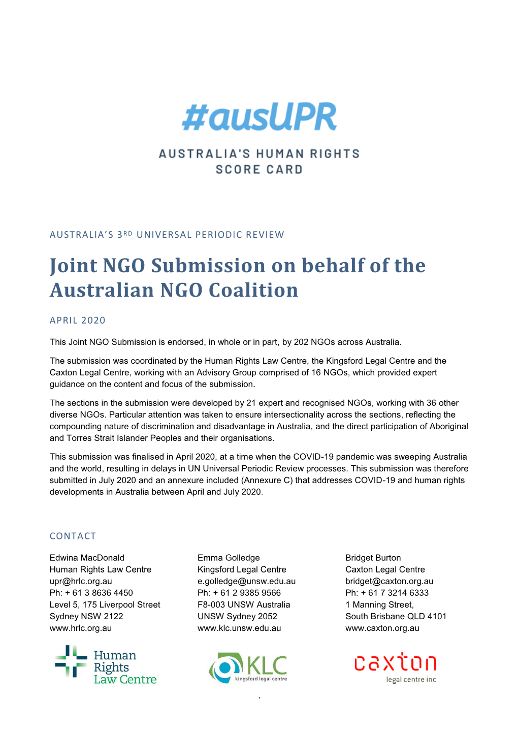 Joint NGO Submission on Behalf of the Australian NGO Coalition