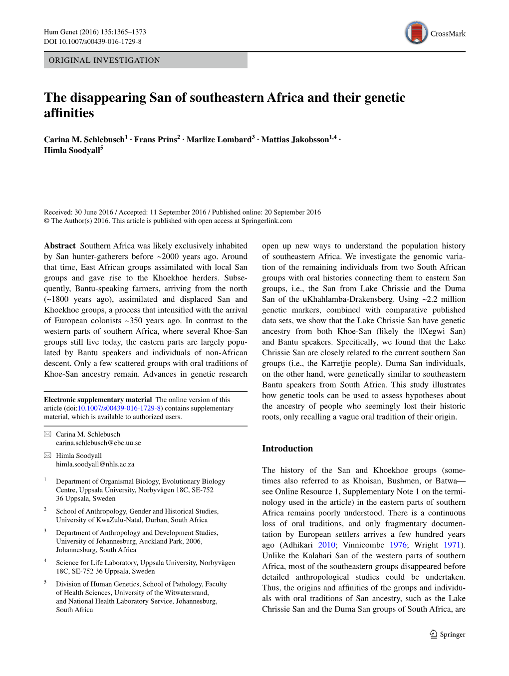 The Disappearing San of Southeastern Africa and Their Genetic Affinities