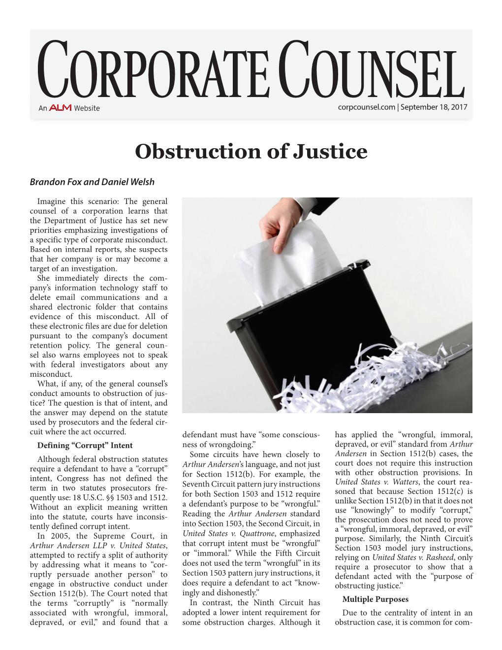 “Obstruction of Justice,” Corporate Counsel