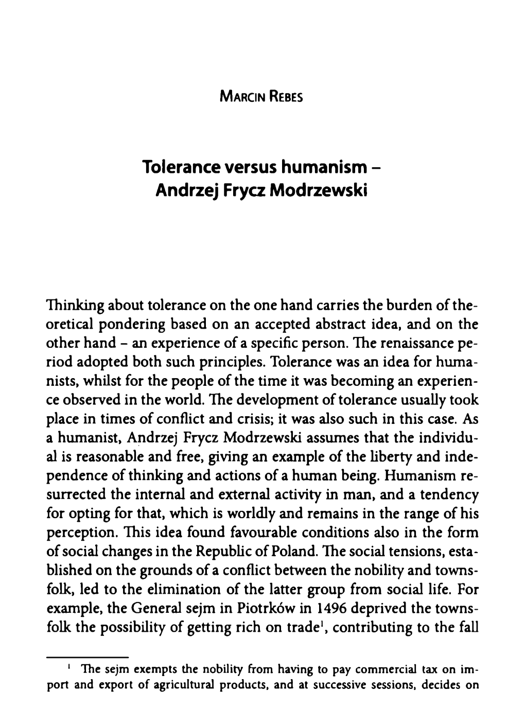 Tolerance Versus Humanism - Andrzej Frycz Modrzewski