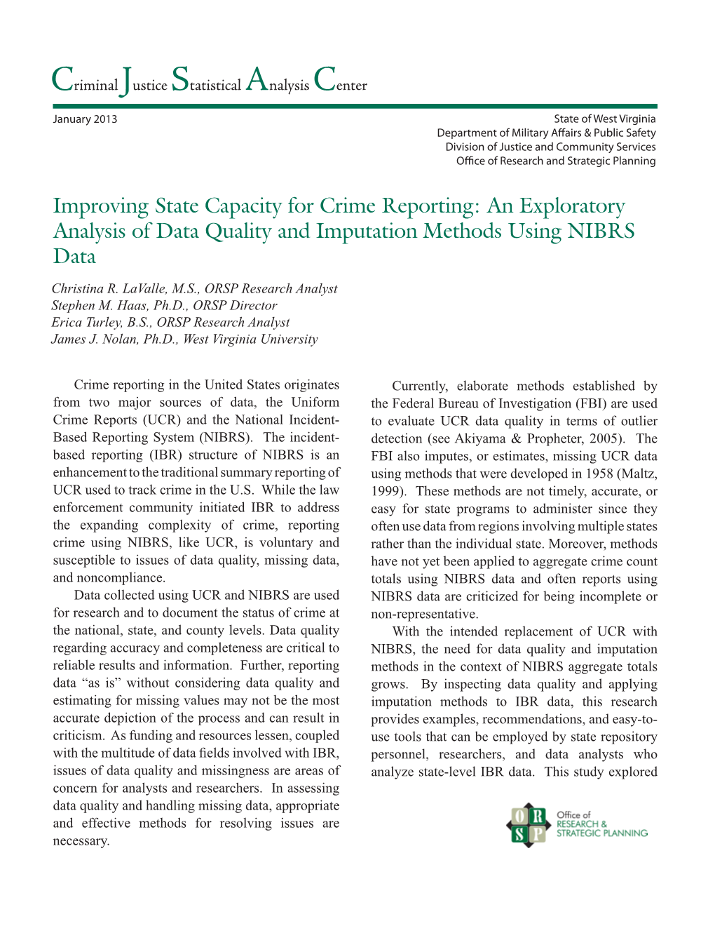 Improving State Capacity for Crime Reporting: an Exploratory Analysis of Data Quality and Imputation Methods Using NIBRS Data