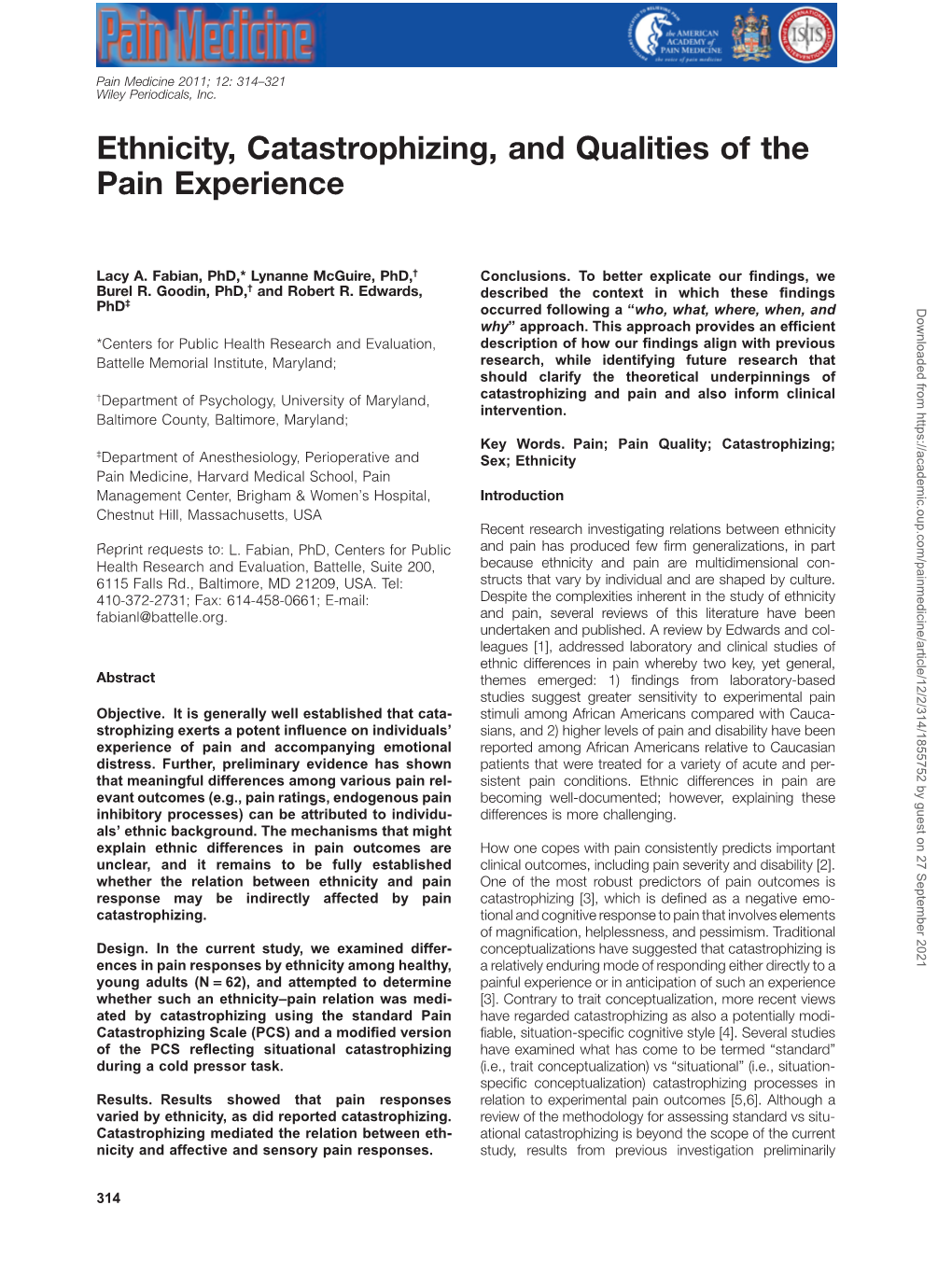 Ethnicity, Catastrophizing, and Qualities of the Pain Experience