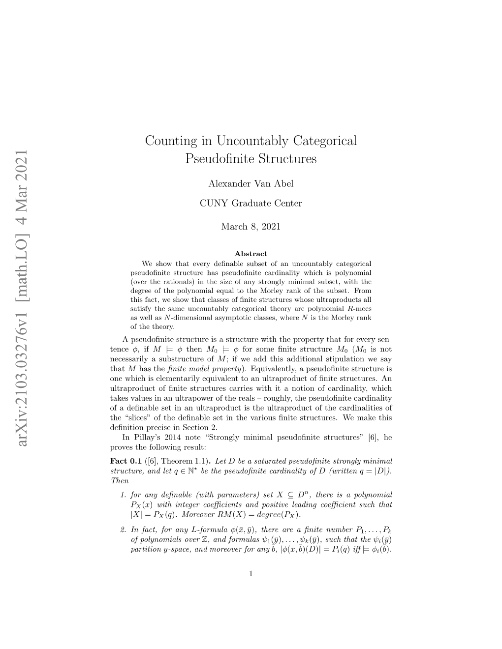 Counting in Uncountably Categorical Pseudofinite Structures