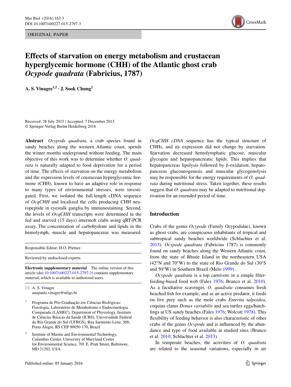 Effects of Starvation on Energy Metabolism and Crustacean Hyperglycemic Hormone (CHH) of the Atlantic Ghost Crab Ocypode Quadrata (Fabricius, 1787)