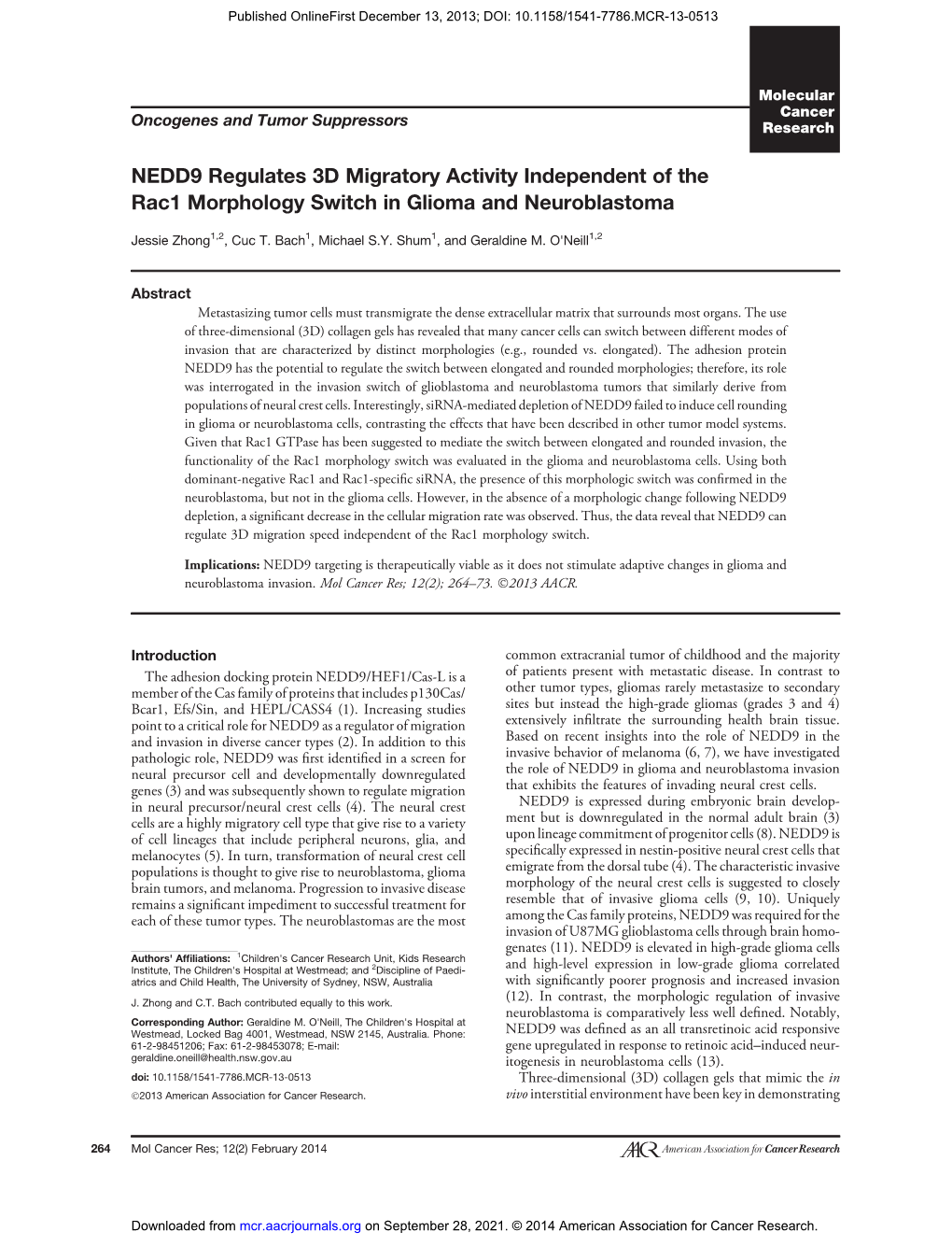 NEDD9 Regulates 3D Migratory Activity Independent of the Rac1 Morphology Switch in Glioma and Neuroblastoma