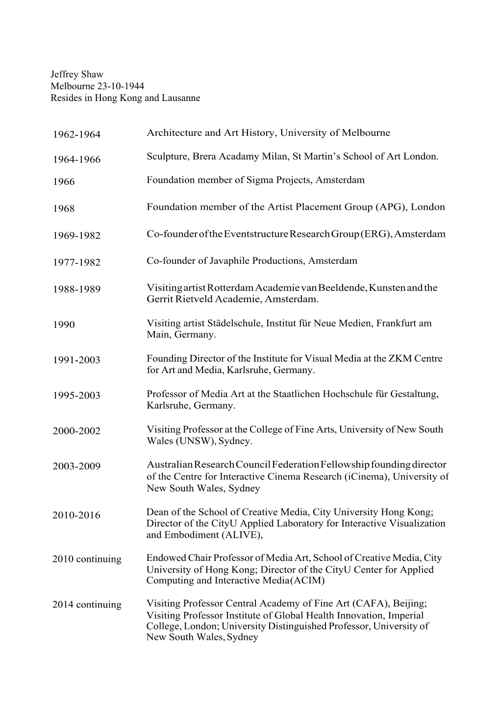 Jeffrey Shaw Melbourne 23-10-1944 Resides in Hong Kong and Lausanne 1962-1964 Architecture and Art History, University of Melbou