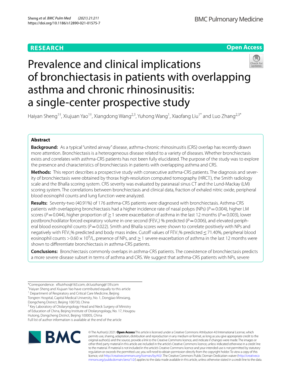 Prevalence and Clinical Implications of Bronchiectasis in Patients with Overlapping Asthma and Chronic Rhinosinusitis