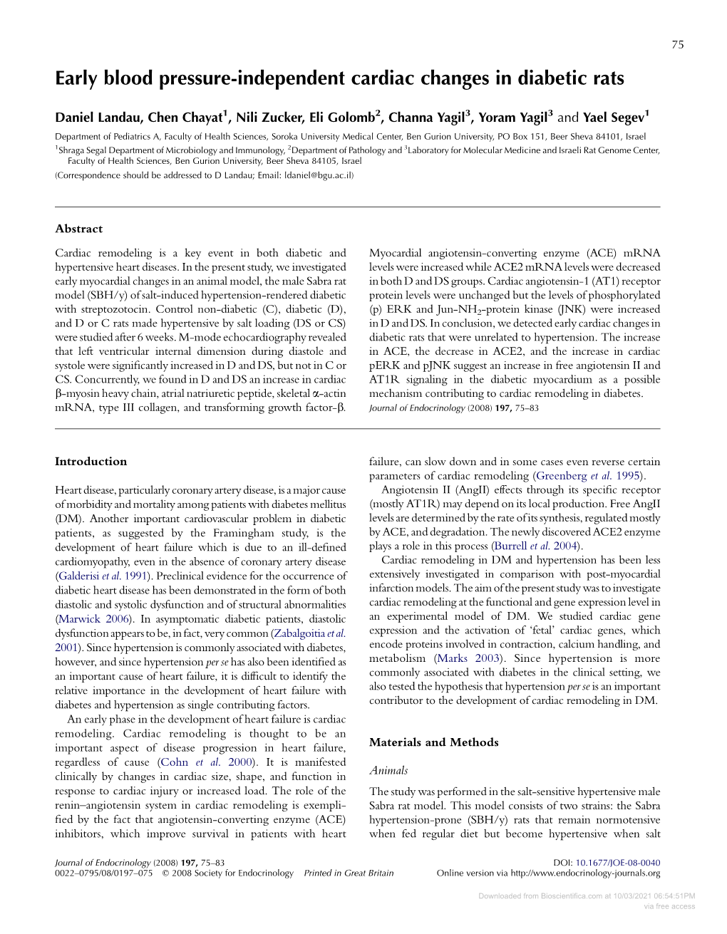 Early Blood Pressure-Independent Cardiac Changes in Diabetic Rats